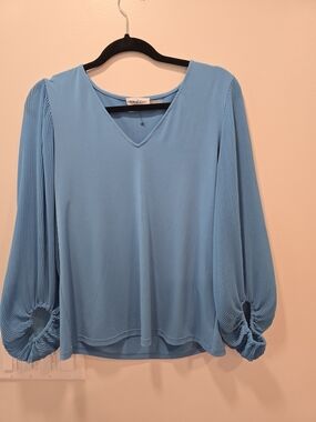 Calvin Klein Powder Blue V-Neck Pleated Balloon Sleeve Blouse